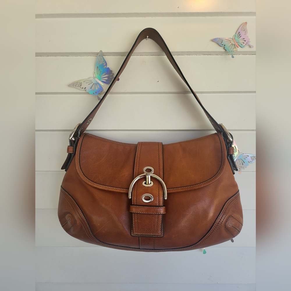 Coach Tan Leather Shoulder Bag with Silver Buckle
